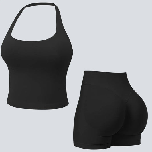 Jetjoy Sets for Women 2 Piece, Workout Sets for Women 2 Piece Gym Outfits Seamless Longline Halter Backless Crop Top Scrunch Bum Shorts Athleisure Yoga Outfits Gym Tracksuit Fitness & Casual Wear Summeroutfit