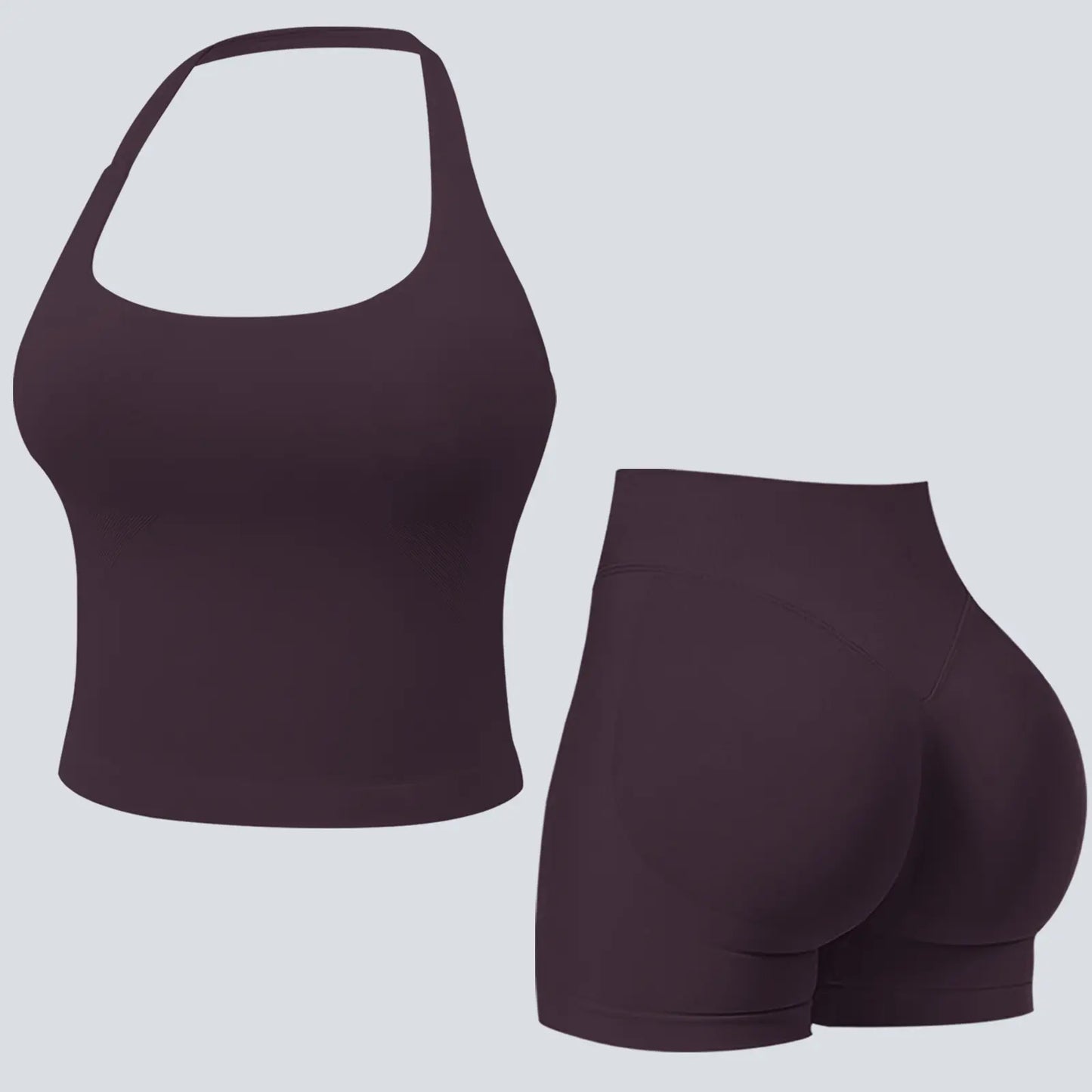 Jetjoy Sets for Women 2 Piece, Workout Sets for Women 2 Piece Gym Outfits Seamless Longline Halter Backless Crop Top Scrunch Bum Shorts Athleisure Yoga Outfits Gym Tracksuit Fitness & Casual Wear Summeroutfit