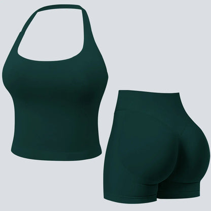 Jetjoy Sets for Women 2 Piece, Workout Sets for Women 2 Piece Gym Outfits Seamless Longline Halter Backless Crop Top Scrunch Bum Shorts Athleisure Yoga Outfits Gym Tracksuit Fitness & Casual Wear Summeroutfit