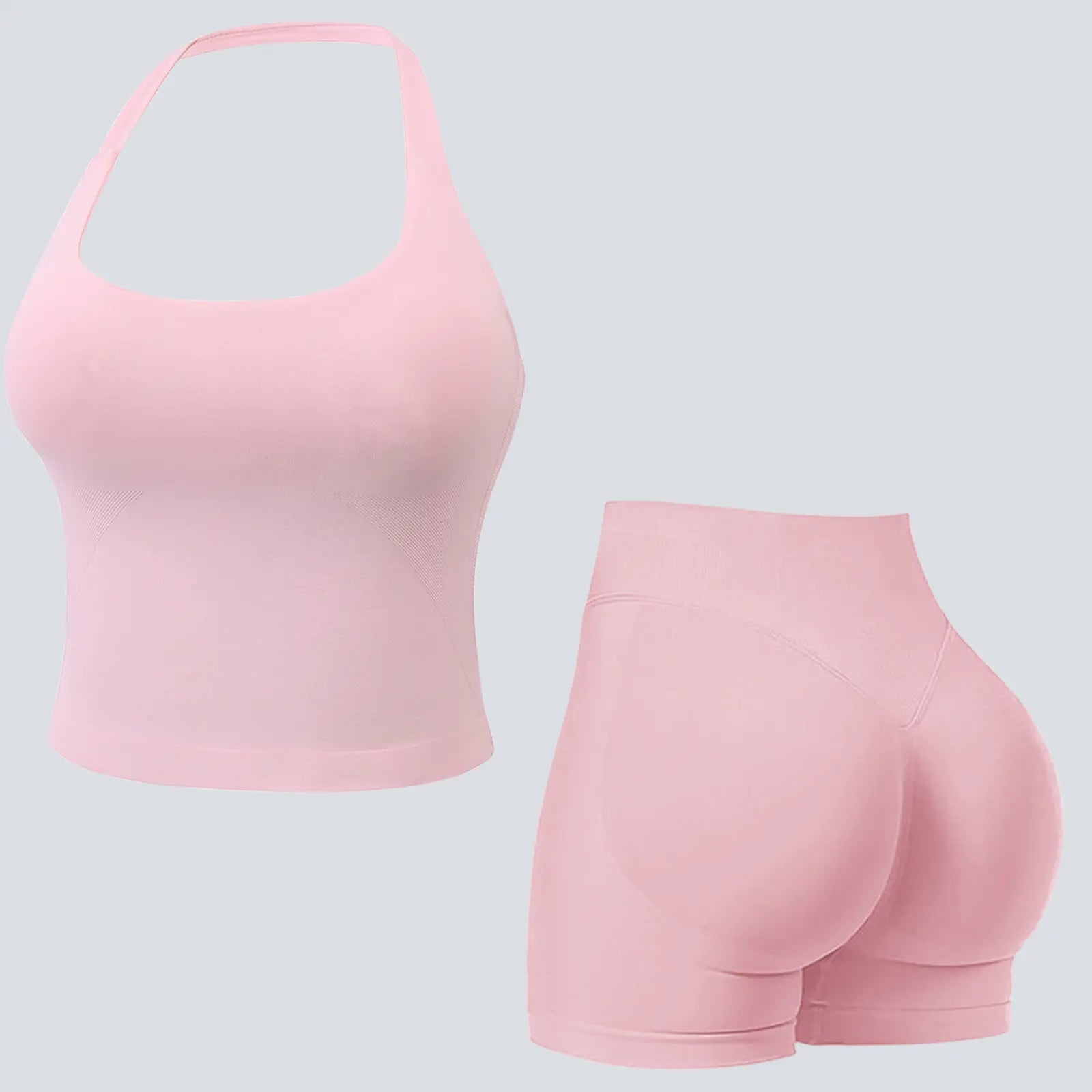 Jetjoy Sets for Women 2 Piece, Workout Sets for Women 2 Piece Gym Outfits Seamless Longline Halter Backless Crop Top Scrunch Bum Shorts Athleisure Yoga Outfits Gym Tracksuit Fitness & Casual Wear Summeroutfit