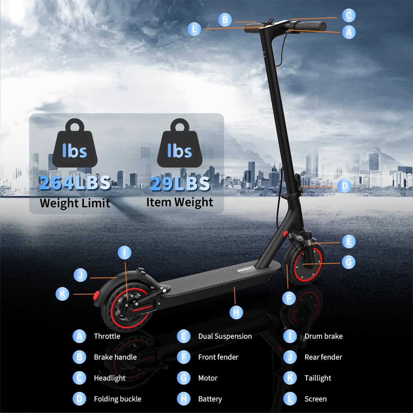 350W Motor Electric Scooter,19Mph Speed,Folding E-Scooter with Dual Suspension,App Controlrange
